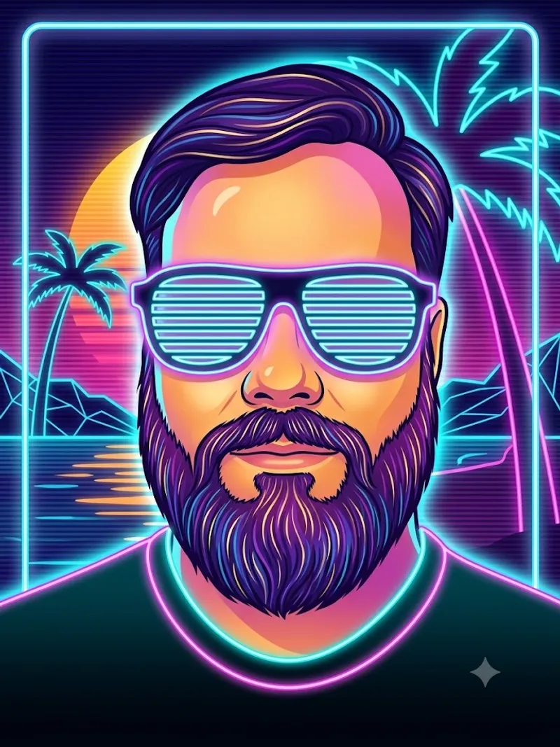 Neon-lit portrait of Justin Mortensen, founder of Orange Playa
